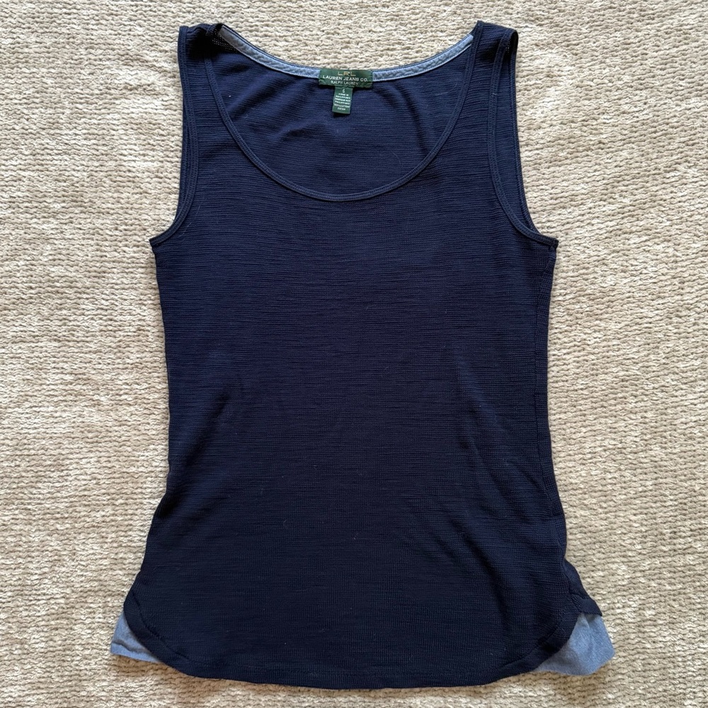 Ralph Lauren LRL Navy‎ Blue Cotton Tank Top Small Faux Layered Preppy Classic
